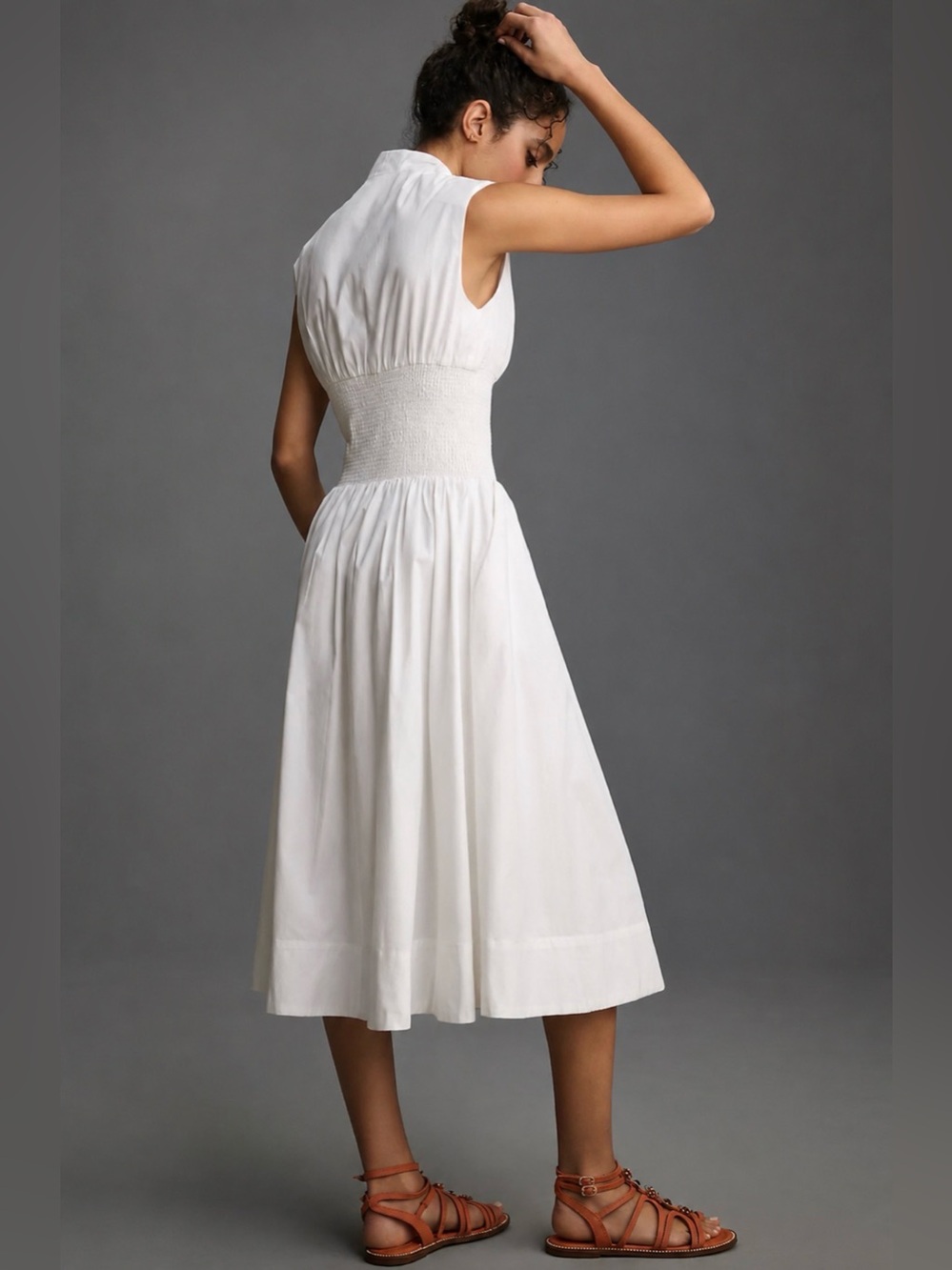 Anthropologie Tommie Cap Sleeve Smocked Zip Front Midi Shirt Dress White Size M - Picture 2 of 13